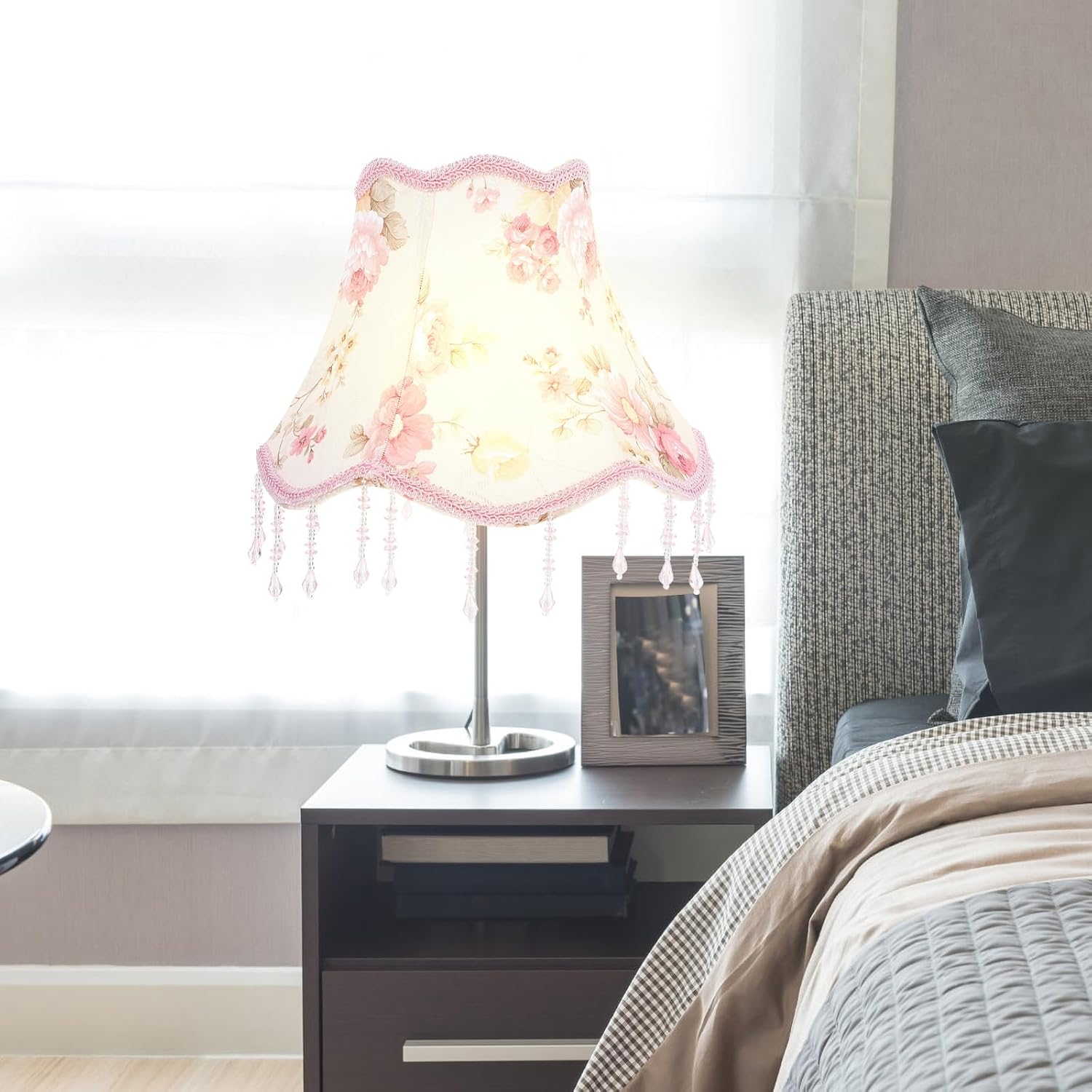 Amosfun Pink Floral Macrame Lamp Shade Floral Cloth Drum Shade with Beaded Tassel for Table and Floor Lamps Vintage Home Decor