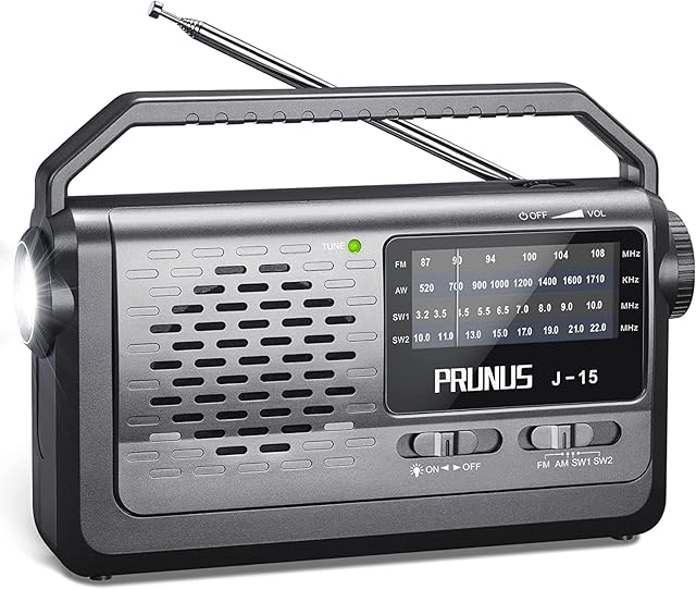 PRUNUS J-15 Portable Radio Mains and Battery, SW AM FM Radio Battery Operated by 3x D Cell Battery or AC Power, Transistor Radio with 3W Large Speaker, Flashlight for Emergencies.
