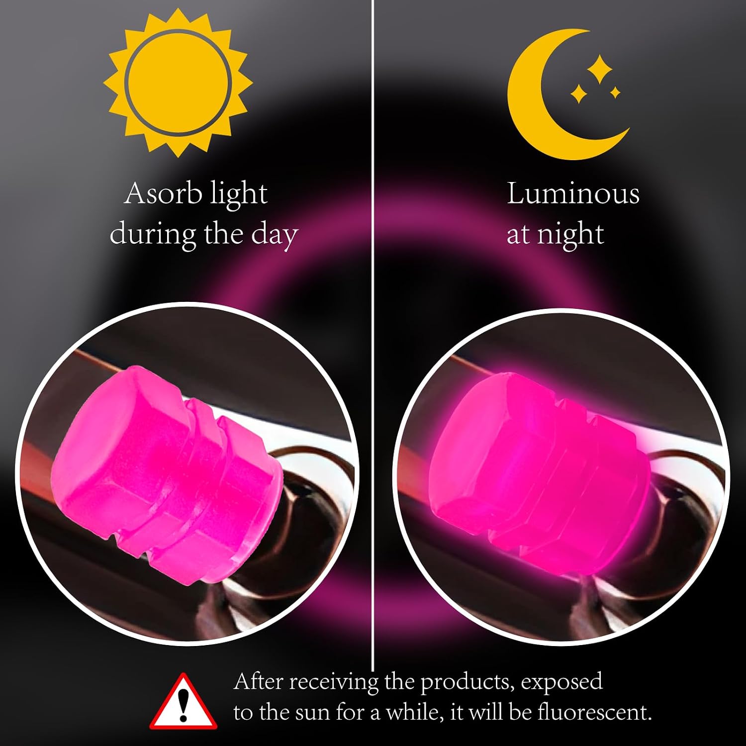 8PCS Fluorescent Tire Valve Stem Caps, Luminous Car Tire Air Cap, Corrosion Resistant Leak-Proof Wheel Valve Cover, Universal for Cars, Trucks, Bikes, Motorcycles, Bicycles(Pink)