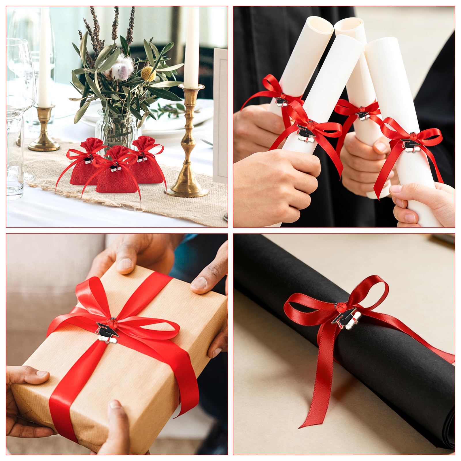 24Pz Bomboniere Laurea Portaconfetti, Rossa Sacchetti Laurea con Ciondoli Coccinella, Biglietti e Nastro per Cerimonie, Feste - 5