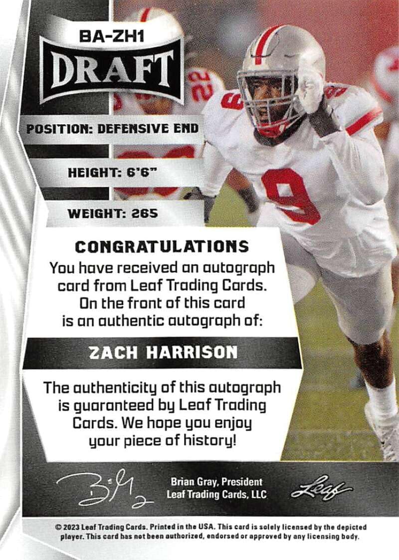 2023 Leaf Draft Autographs Red #BA-ZH1 Zach Harrison Auto Autograph Football Card in Raw (NM or Better) Condition