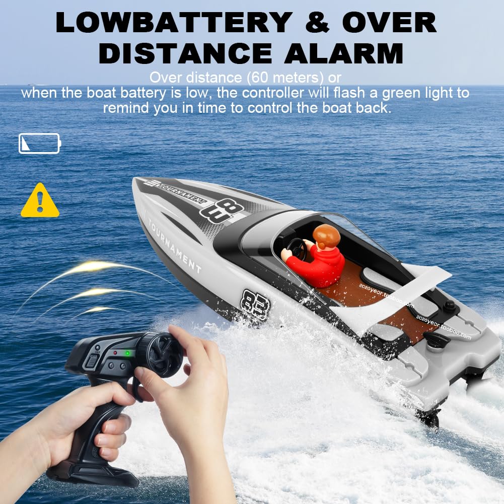 HOTUT Bateau Télécommandé, 2,4 GHz Bateau Telecommandé Enfant, Haute Vitesse RC Bateaux de Course, avec Lumières LED, avec Alarme de Batterie Faible, pour Piscines et Lacs (Blanc