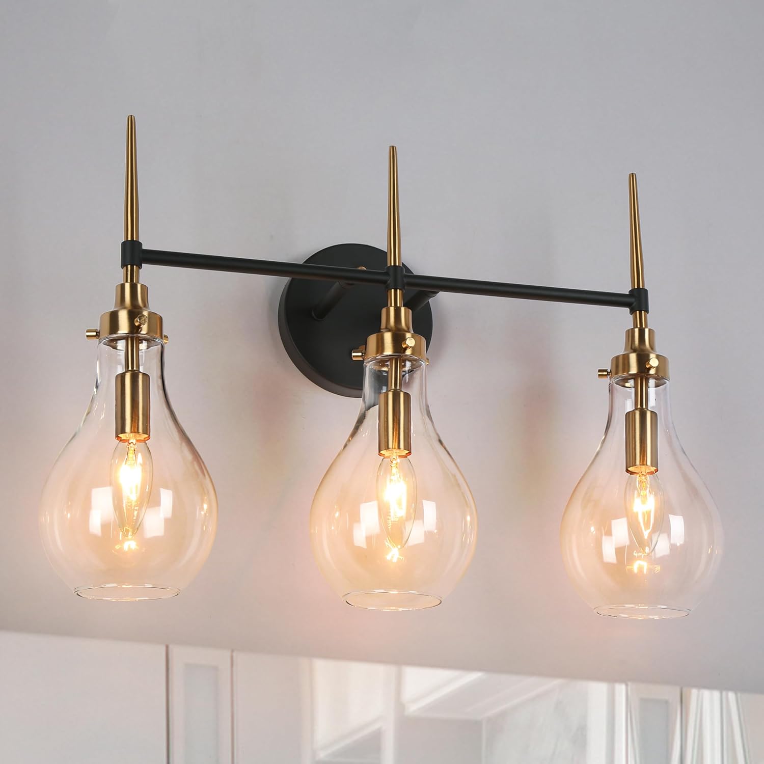 Modern 3 Light Bathroom Light, Black Gold Vanity Light Over Mirror Mid-Century Bathroom Vanity Light with Teardrop Glass Shade for Bedroom, Hallway, Entryway
