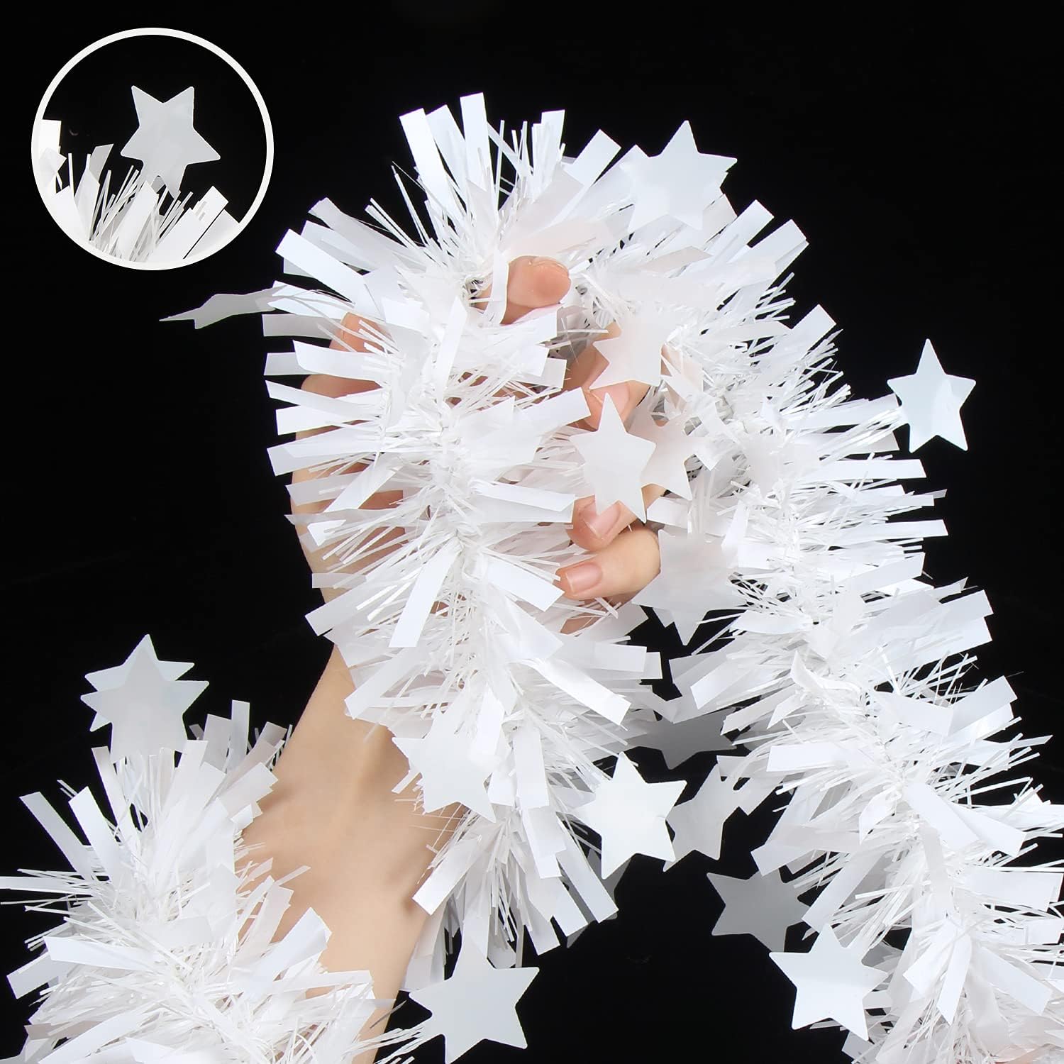 LOMIMOS 32.8 Ft Christmas Tinsel Garland, White Glittering Decoration for Xmas Tree Party Wedding Supplies image 2