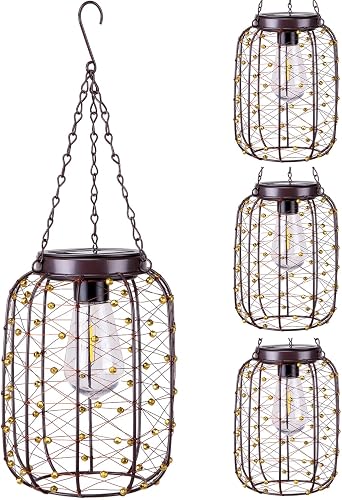 Hanging Solar Lanterns Outdoor Waterproof, Vintage Copper Hanging Lantern Lights for Outside, Solar Chandelier Outdoor Idea for Yard Garden Pathway Gazebo Pergola Porch Decor 4