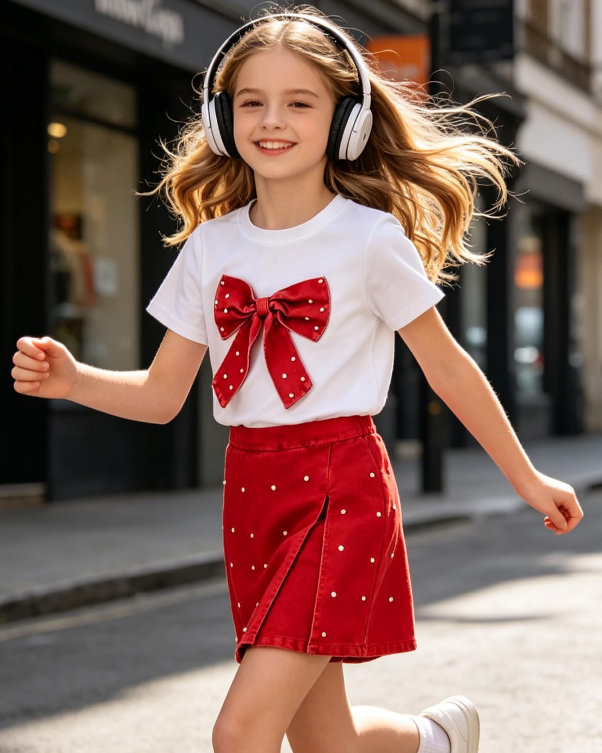 6-12Y Girls Summer Clothes Short Sleeve Bow Print T-Shirt Denim Skirt Shorts Set Tween Girls Outfits Set