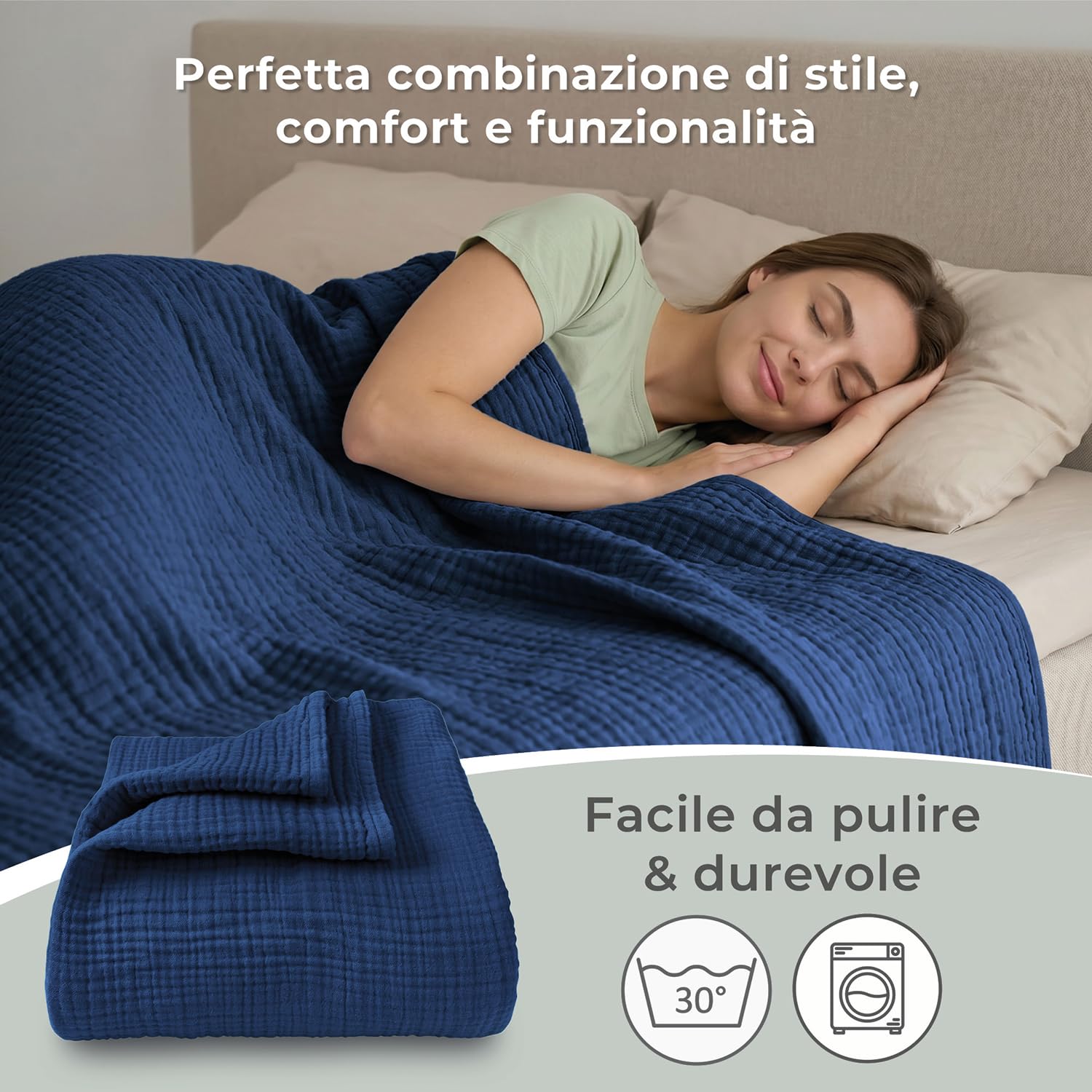 LAYNENBURG Copriletto in mussola Premium 180 x 220 cm - 100% cotone - coperta in cotone extra morbida come coperta accogliente, copriletto, copridivano, copridivano (blu)