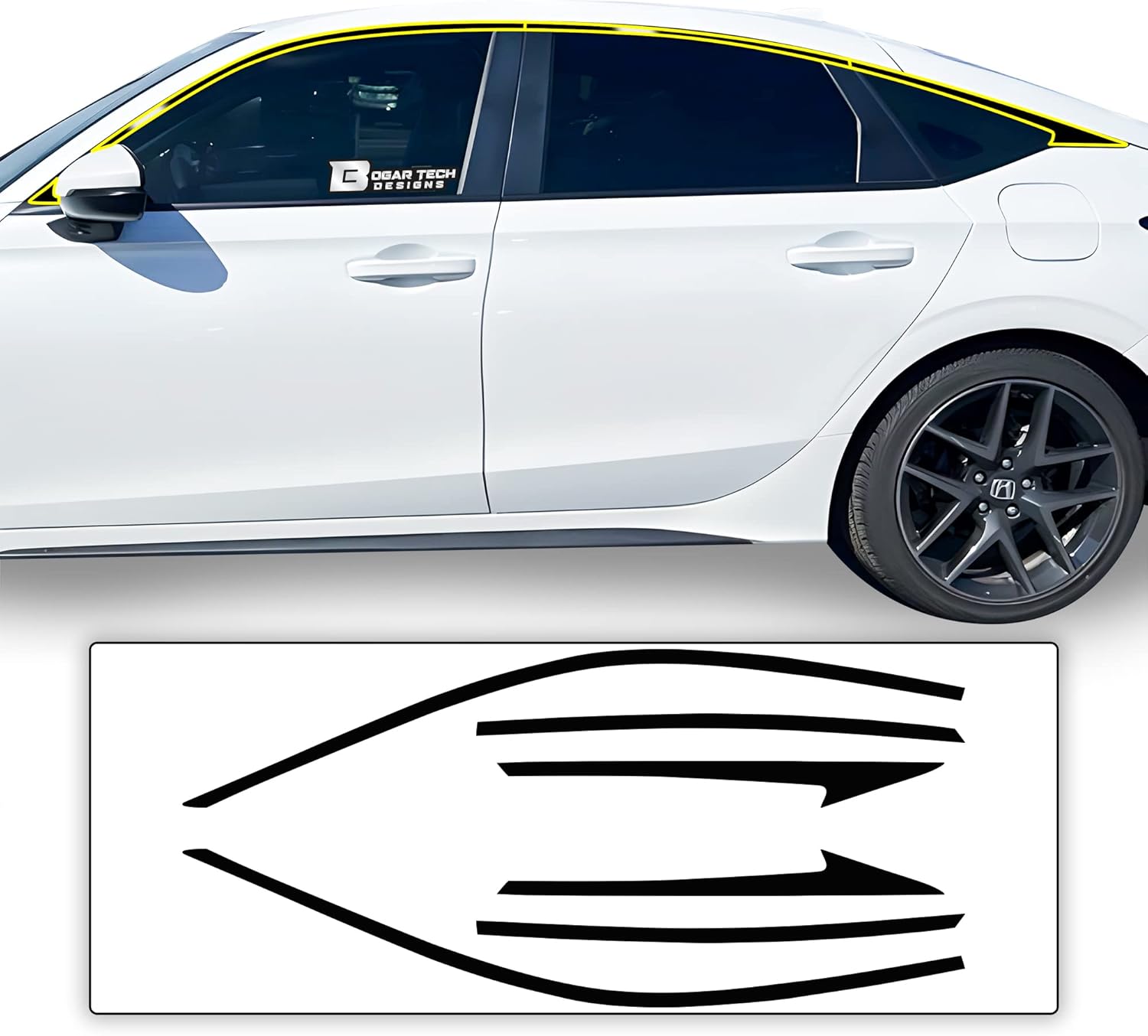 BOGAR TECH DESIGNS for Honda Civic Hatchback 2022-2026 Side Window Chrome Delete – Precut Vinyl Trim Overlay, Gloss Black Blackout Appearance