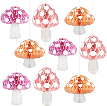 9Pcs Mushroom Honeycomb Balls Decorations Pink Fairy First Birthday Party Centerpieces for Tables Mushroom Shaped Hanging Ceiling Sign for Jungle Wonderland Birthday Shower Shower Party Favors