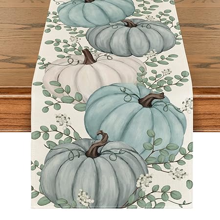 Artoid Mode Fall Eucalyptus Leaves Pumpkins Table Runner, Autumn Thanksgiving Kitchen Dining Table Decoration for Indoor Outdoor Party 13x72 Inch