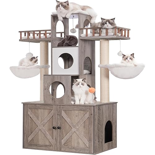 Heybly Cat Tree with Litter Box Enclosure for Indoor Big Cat, Cat Tower for Large Cats 20lbs Heavy Duty, Modern Cat Condo Furniture with Scratching Posts, Rustic Gray HCT110SG
