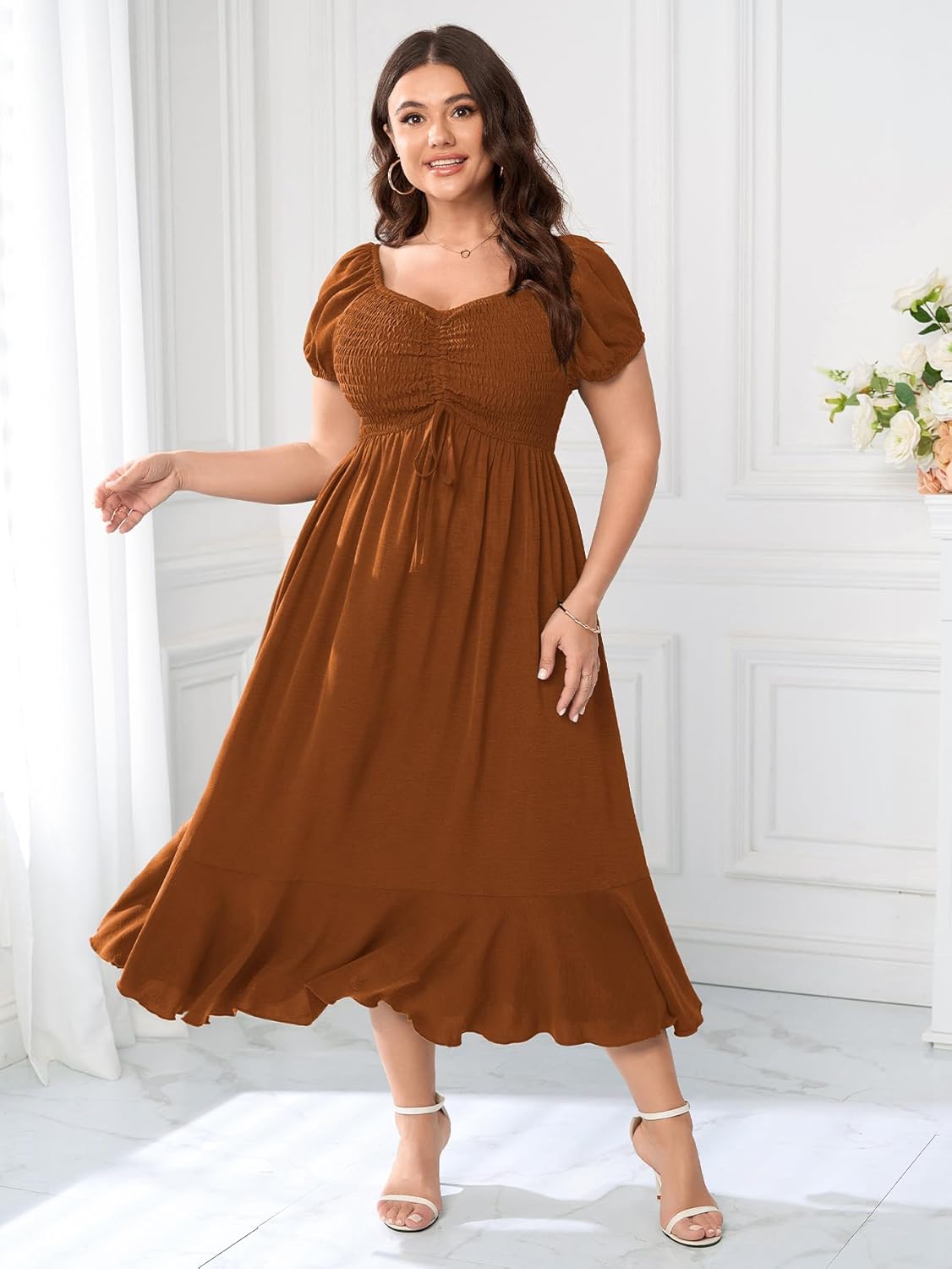 SCOMCHIC Womens Plus Size Summer Maxi Dress Ruched Front Square Neck Smocked Flowy A Line Formal Wedding Guest Dresses - Image 3