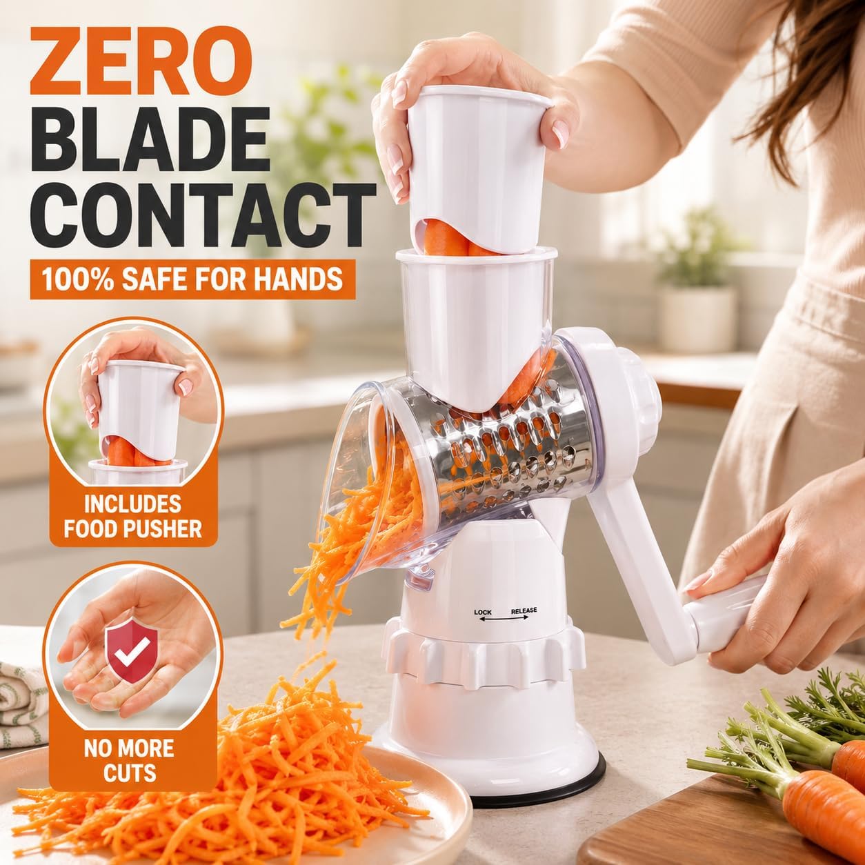 Rotary Cheese Grater with Handle, 3-in-1 Manual Vegetable Slicer & Shredder with 430 Stainless Steel Blades, Strong Suction Base, Nut Grinder for Kitchen Prep, Dishwasher Safe (White)