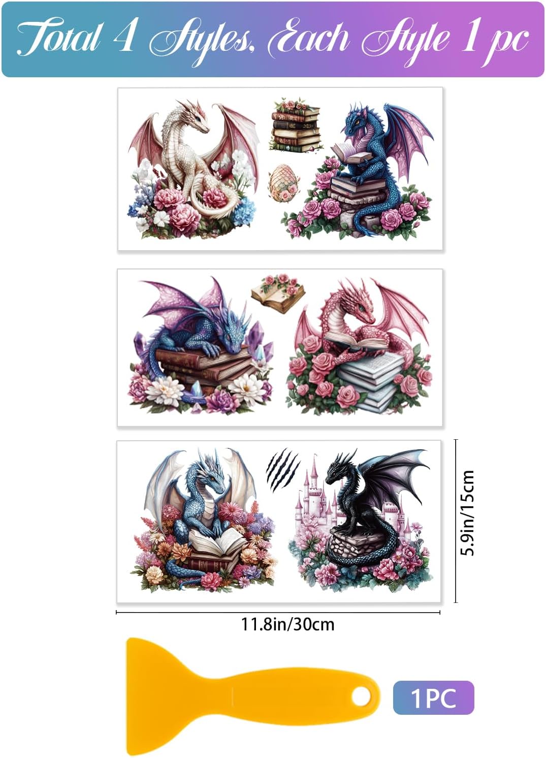 GLOBLELAND 3 Sheets Colorful Dragon Book Rub on Transfers Pink Purple Dragon Furniture Decor Transfers Cute Magic Animal Decal Transfers Stickers for Bedroom Living Room Desk Table Decoration
