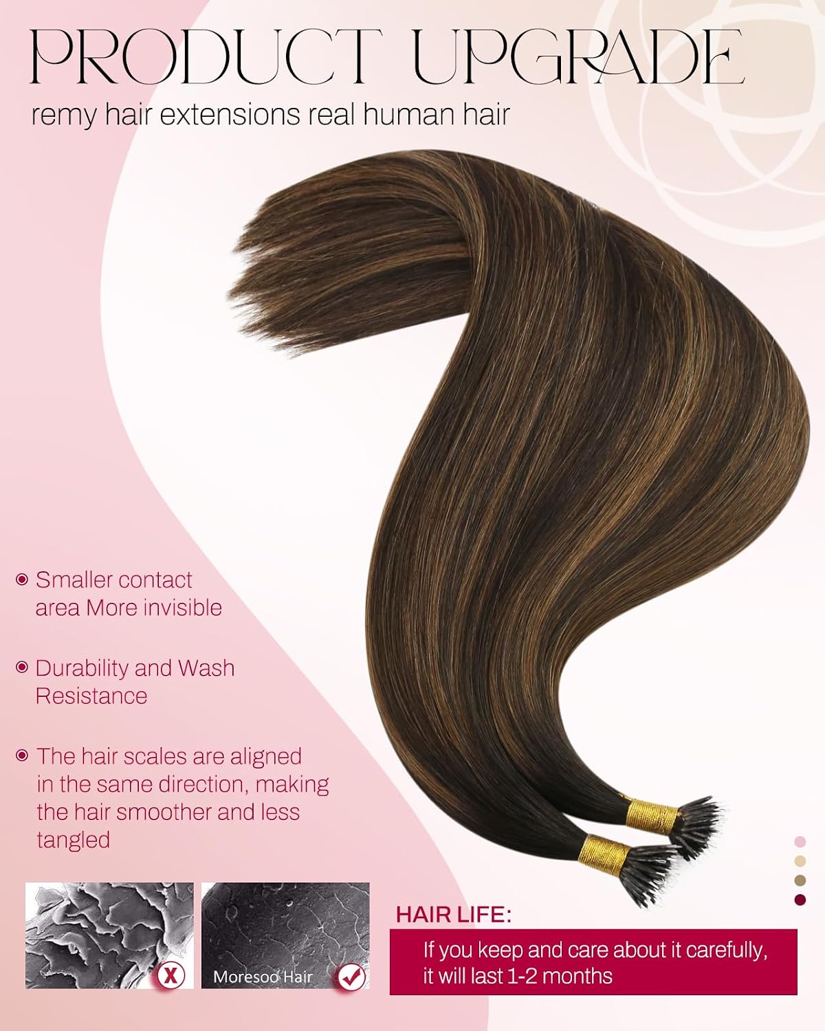 Moresoo Nano Bead Hair Extensions Human Hair Ombre Dark Brown to Chestnut Brown 18 Inch 50g 50 Strands Armpit Line Rings Fit Ceremony Invisible Seamless Look