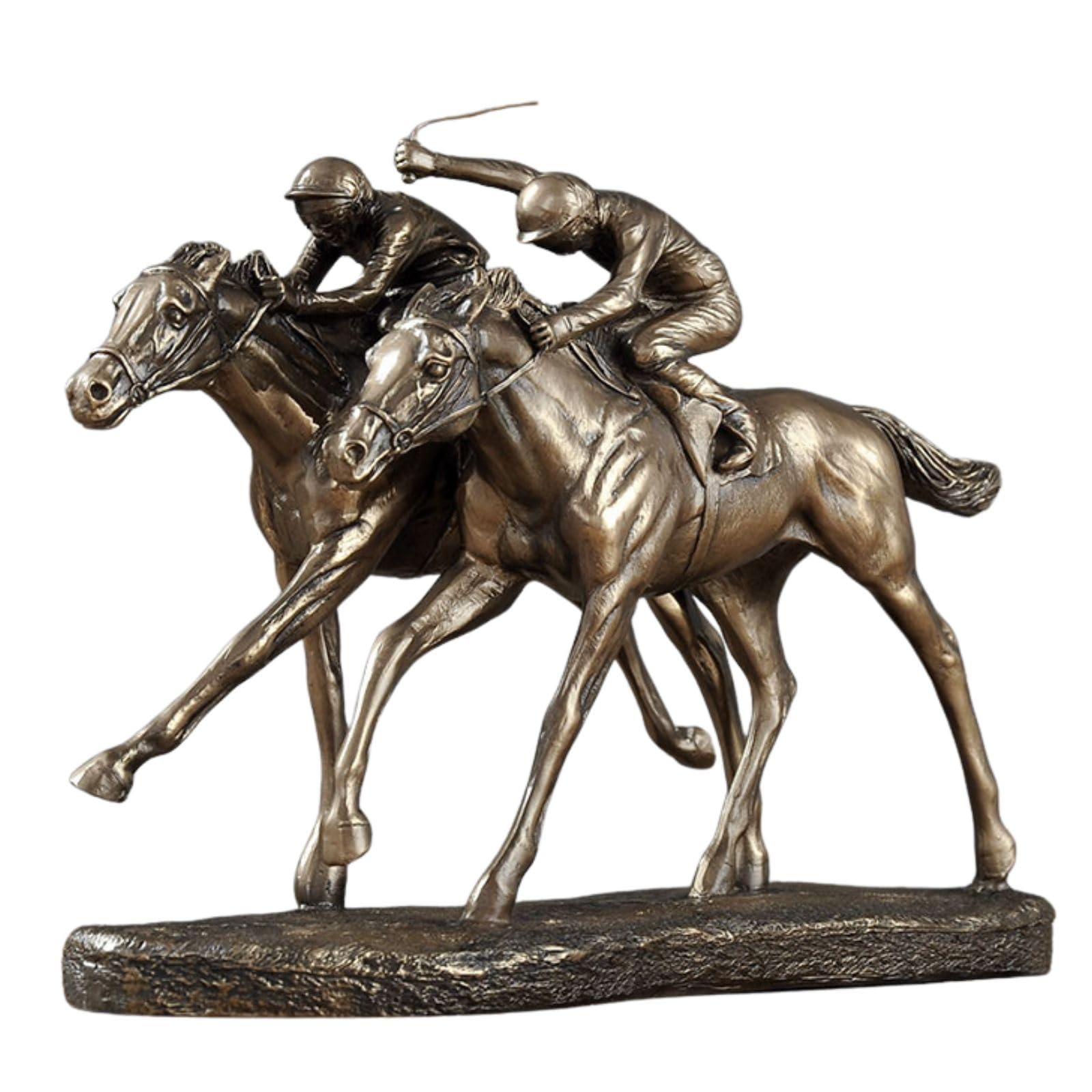 Estatua doble de bronce de carreras de caballos, escultura de carreras de caballos de dos jinetes, figura creativa coleccionable de Steeplechaser, adorno de resina para decoración del hogar, oficina y
