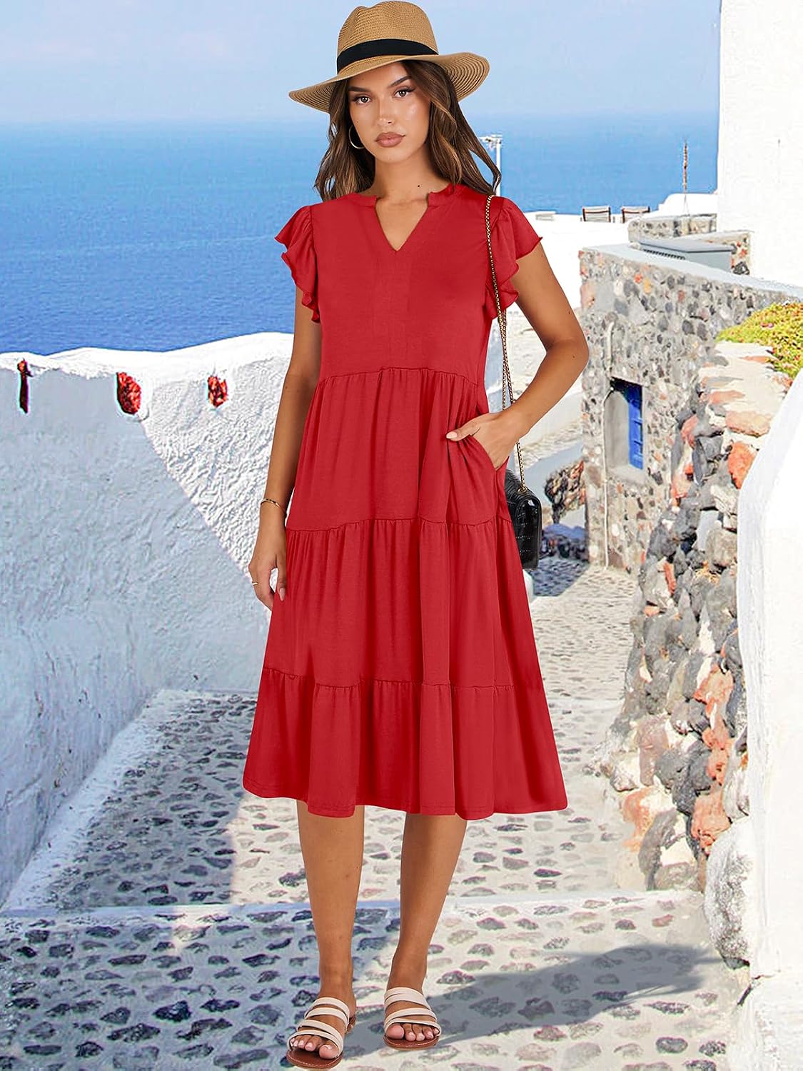 anrabess womens summer dress ruffle sleeve v neck midi dresses fashion casual fit flowy tiered boho beach vacation sundress red large