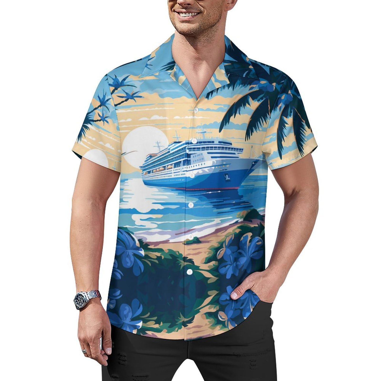 Cromoncent Men's Hawaiian Shirt - Short Sleeve, Cuban Collar, Tropical Fish Print, 100% Polyester, Size Large