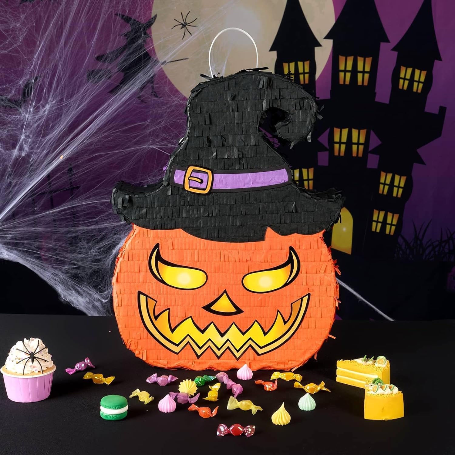 WERNNSAI Halloween Pumpkin Piñata - Wicked Pumpkin Piñata Halloween Jack O Lantern decorations for Kids Trick or Treat Costume Party Pumpkin Games with Bat Blindfold
