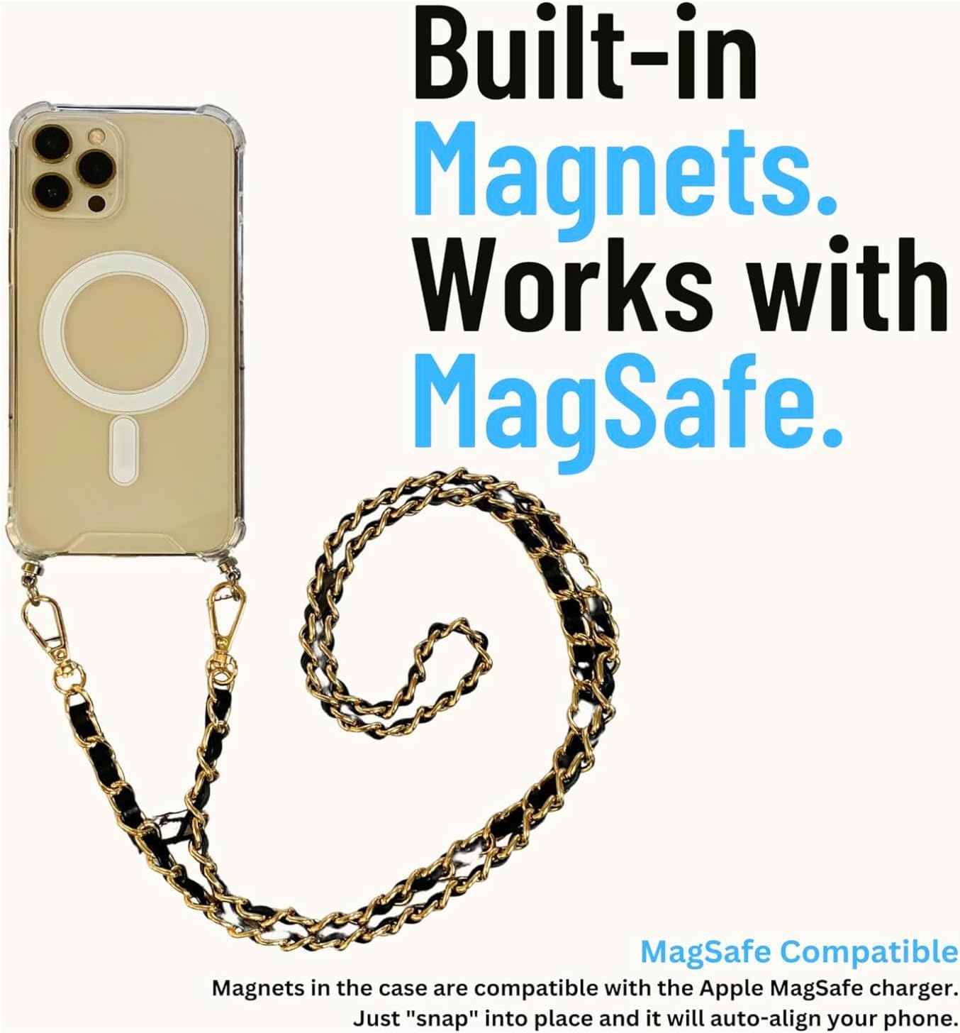 Aporia - Compatible with MagSafe Clear Case with Hooks and Crossbody Shoulder Strap Chain | Wireless Charging + Luxury Design | 120cm 47.25 inches (iPhone 17 Pro Max)