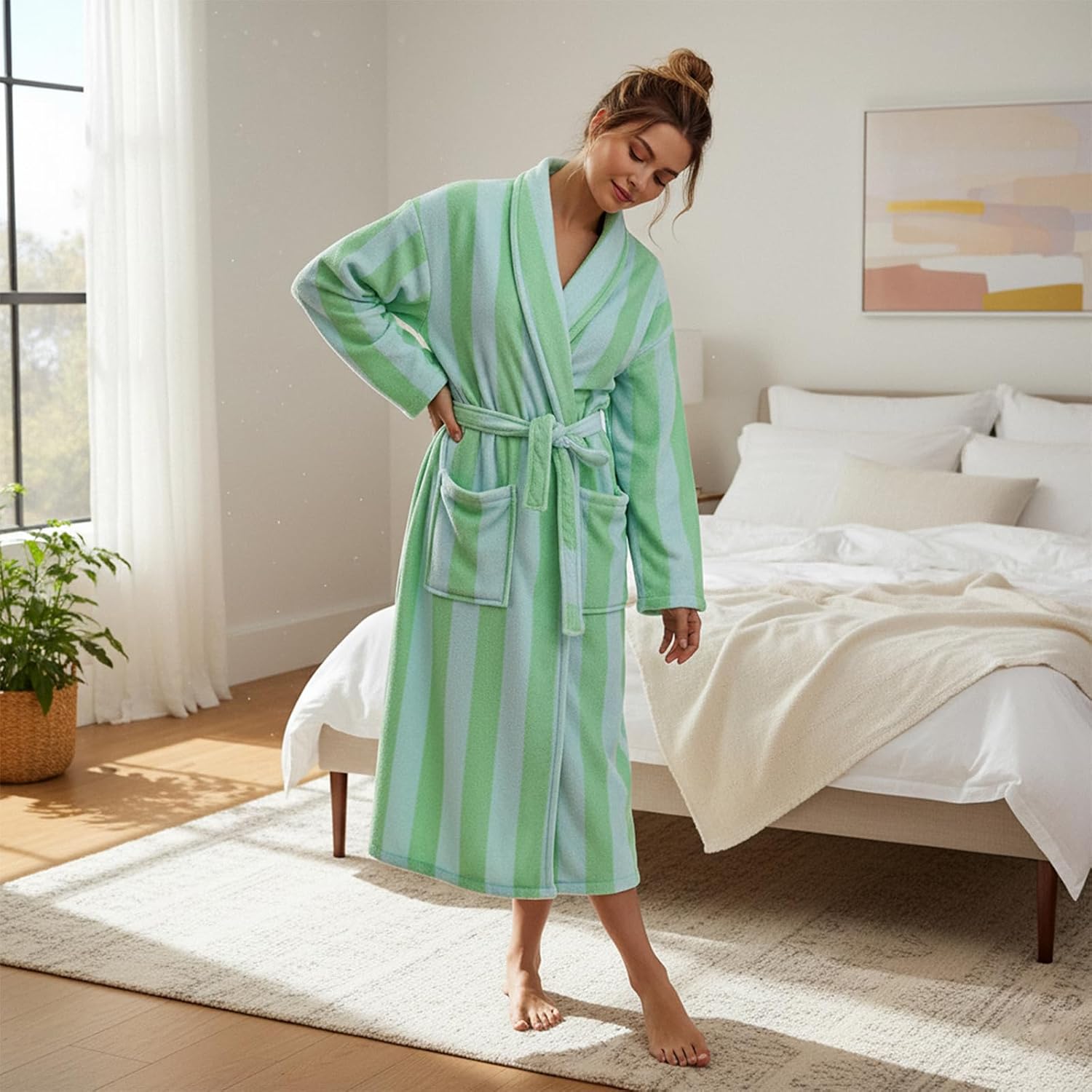 Women's Soft Plush Robe Flannel Lounge Robe Long Sleeve Striped Bathrobe with Belt