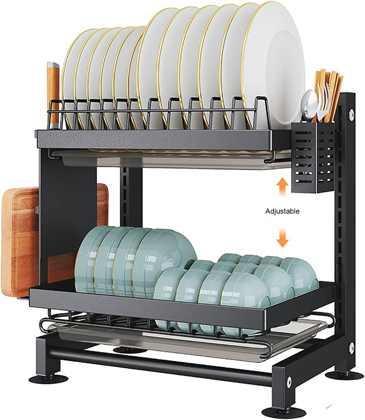 2 Tier Dish Drying Rack,Adjustable Dish Rack and Drainboard