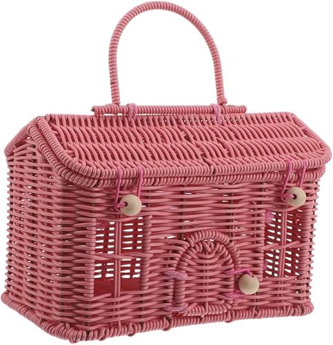 TOYANDONA Easter Woven Picnic Basket with Lid, Imitation Rattan Flower Basket, House-Shaped Organizer with Handle for Wedding Favors Travel Picnic Organizing Storage