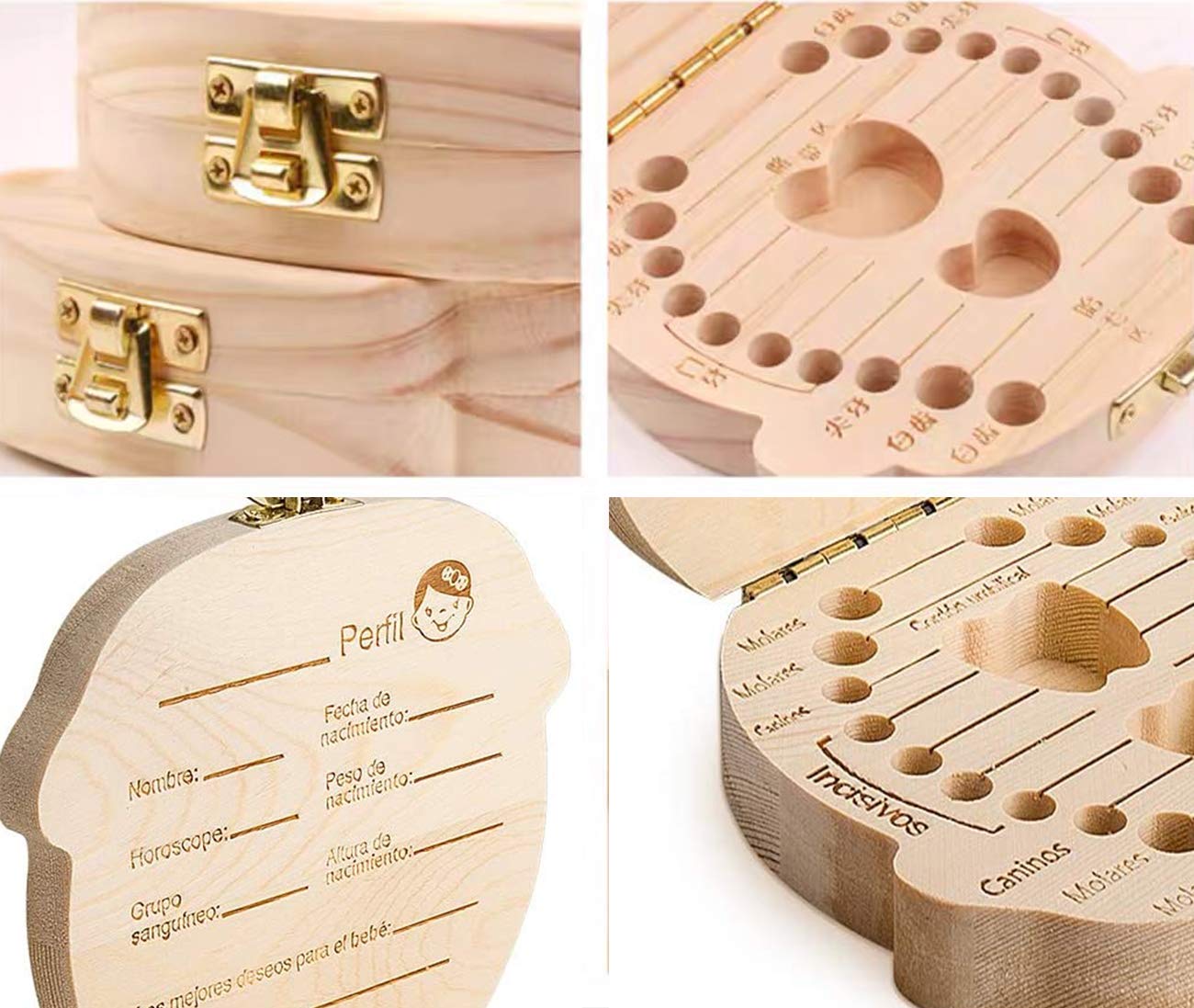 Caja para guardar dientes para niños, Regalo en madera de souvenir, Acumulación de dientes (Niña)