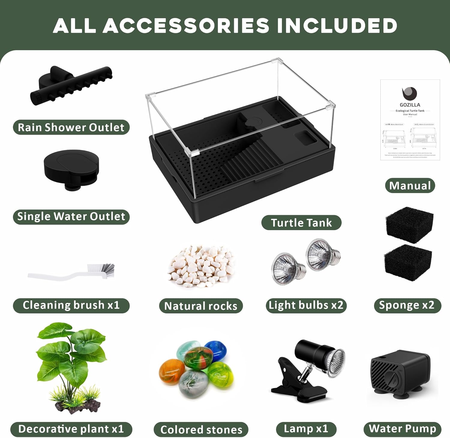 GOZILLA Small Turtle Tank Kit+Water Pump+Lamp, Acrylic Turtle Tank Starter Kit with Adjustable 5W Water Pump and Timing/Dimming Lamp, Multi-Functional Area for Small Turtles(Black Kit).