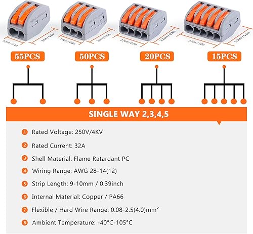 Vista 8 de Delgada Kit de tuercas de conector de cable de palanca, 188 piezas, terminales reutilizables de 2/3/4/5 puertos para cables sólidos y flexibles