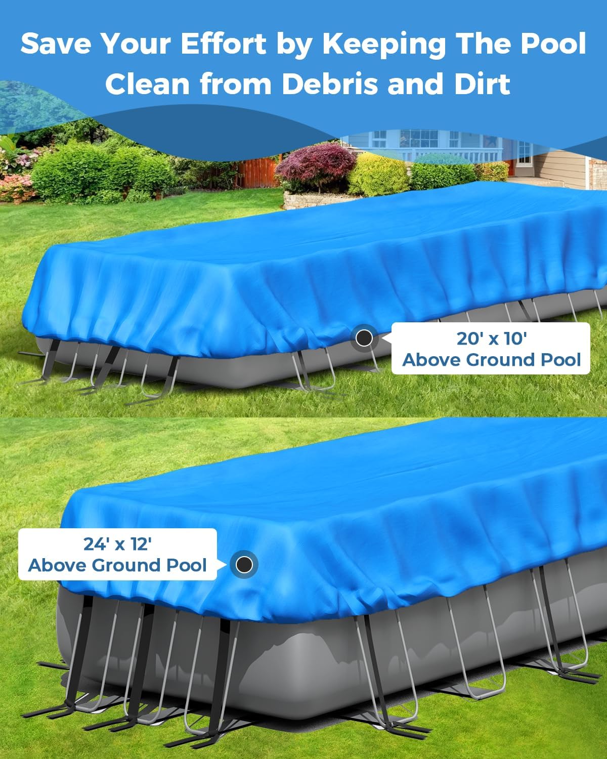 Reinmoson 12 x 24 Rectangle Pool Covers for Above Ground Pools Fits 20’ x 10’ to 24’ x 12’ Pools, Rectangular Pool Cover with Elastic Edge & Integrated Drawstring for Intex/Bestway/Funsicle Pool
