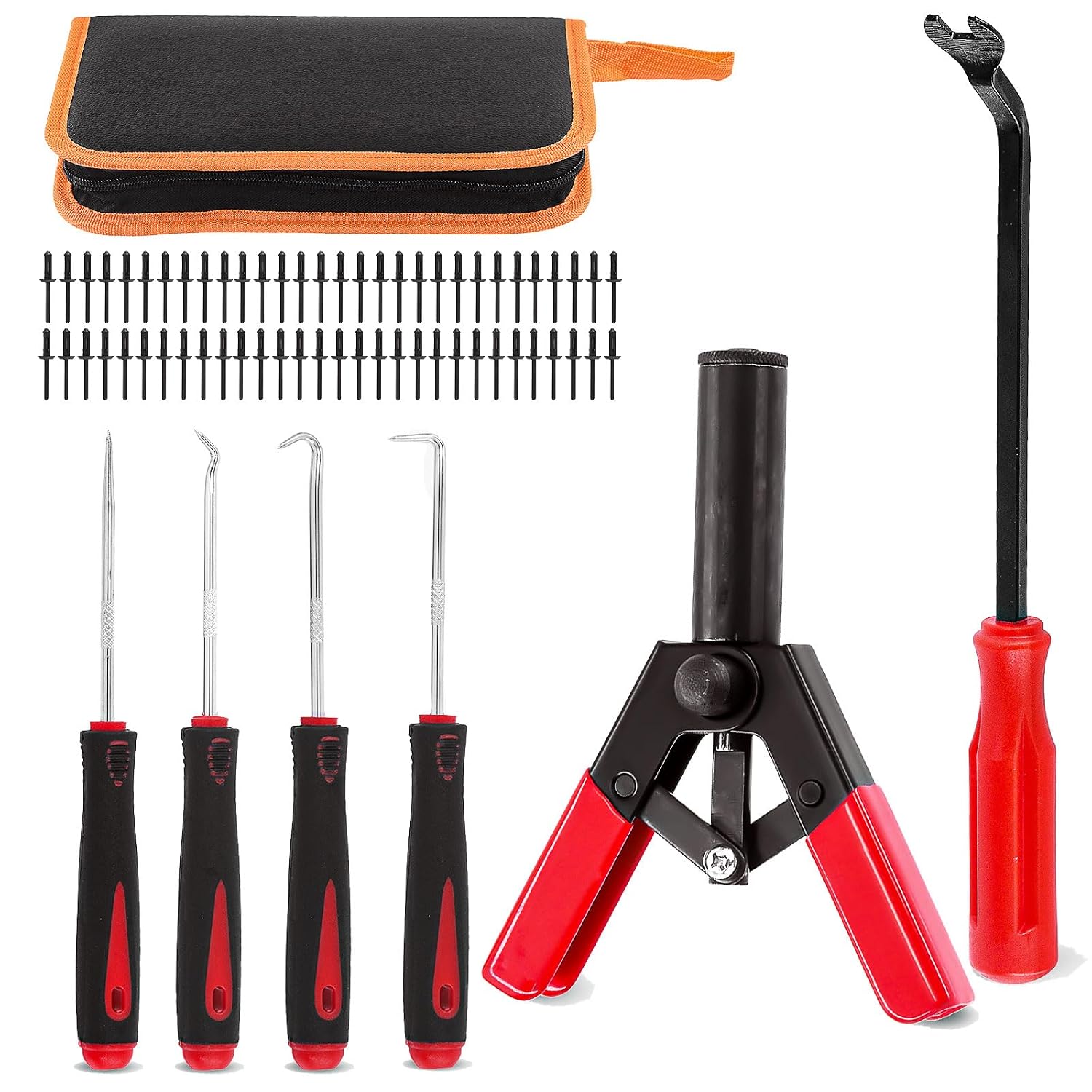 Glarks 46Pcs Plastic Poly Rivet Gun Set with 40Pcs Assorted Poly Rivets, Fastener Removal Tool Universal Pick and Hook Set...
