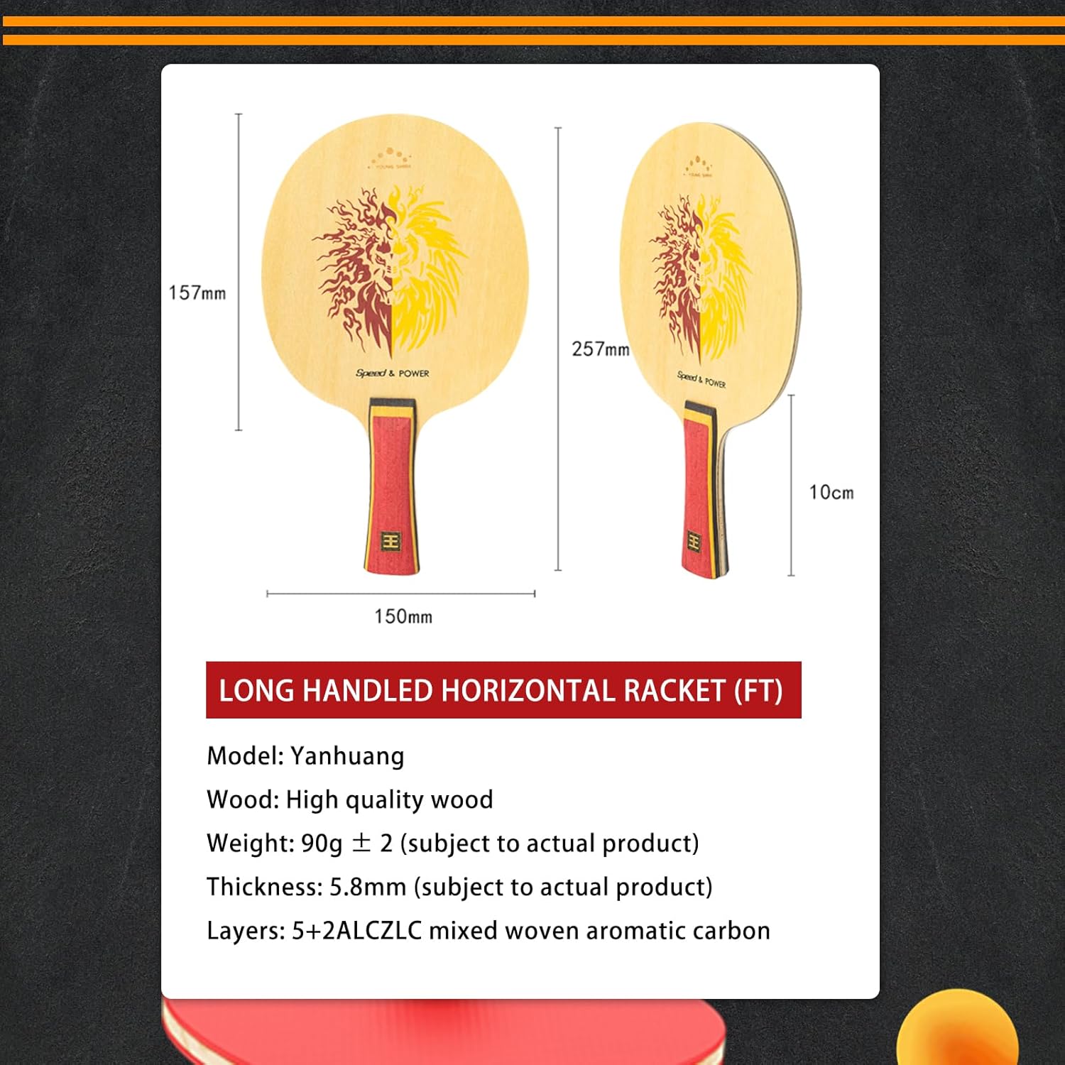 YAN-Wang Professional Ping Pong Paddle,Oneside is External and Otherside is Built-in Arylate Carbon Table Tennis Racket,for Intermediater and Advanced Players or Enthusiast (Single Racket)