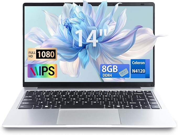 14 pollici Ultrabook Laptop, 8 GB DDR4, 1920 x 1080 IPS, Celeron N4120 Quad Core laptop (fino a 2,6 GHz), USB 3.0, ultra-sottile portatile Notebook (Argento, 8+960G SSD)