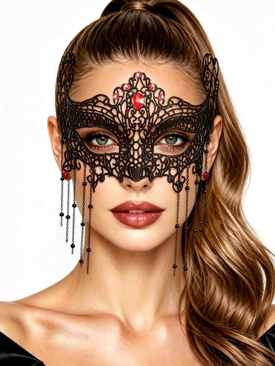 Black Lace Masquerade Mask for Women Rhinestone Eye Masks with Beaded Chain Ball Costume Face Accessories