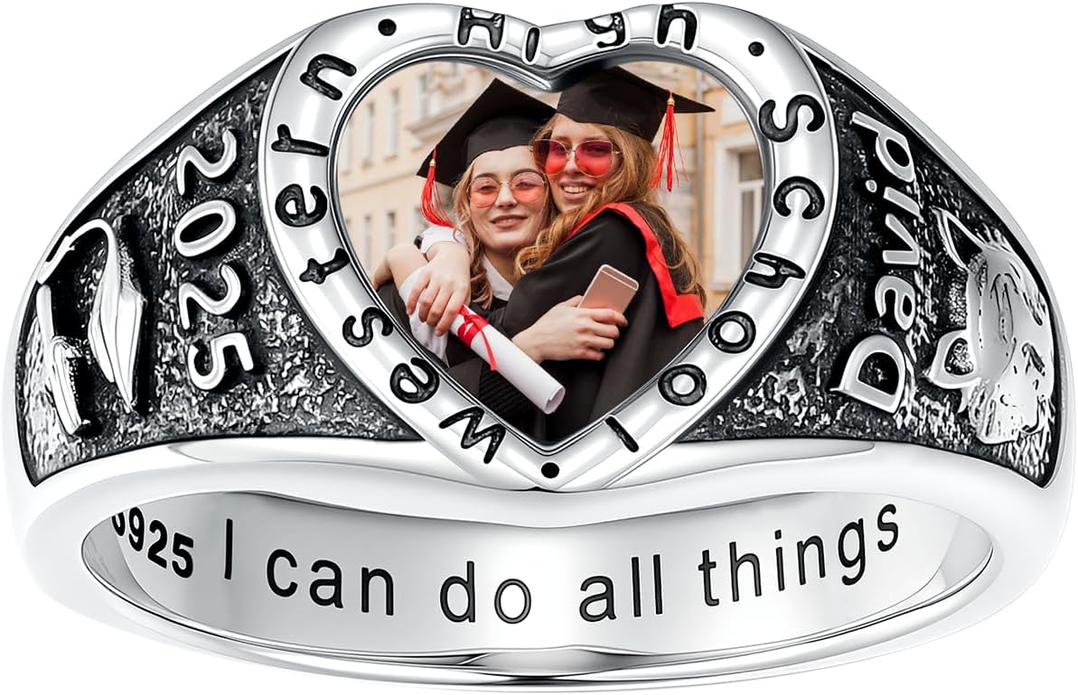 Photo Class Ring womens College High School Rings Heart 2025 Graduation Ring 2026 For Women Sterling Silver/10k 14k 18k gold