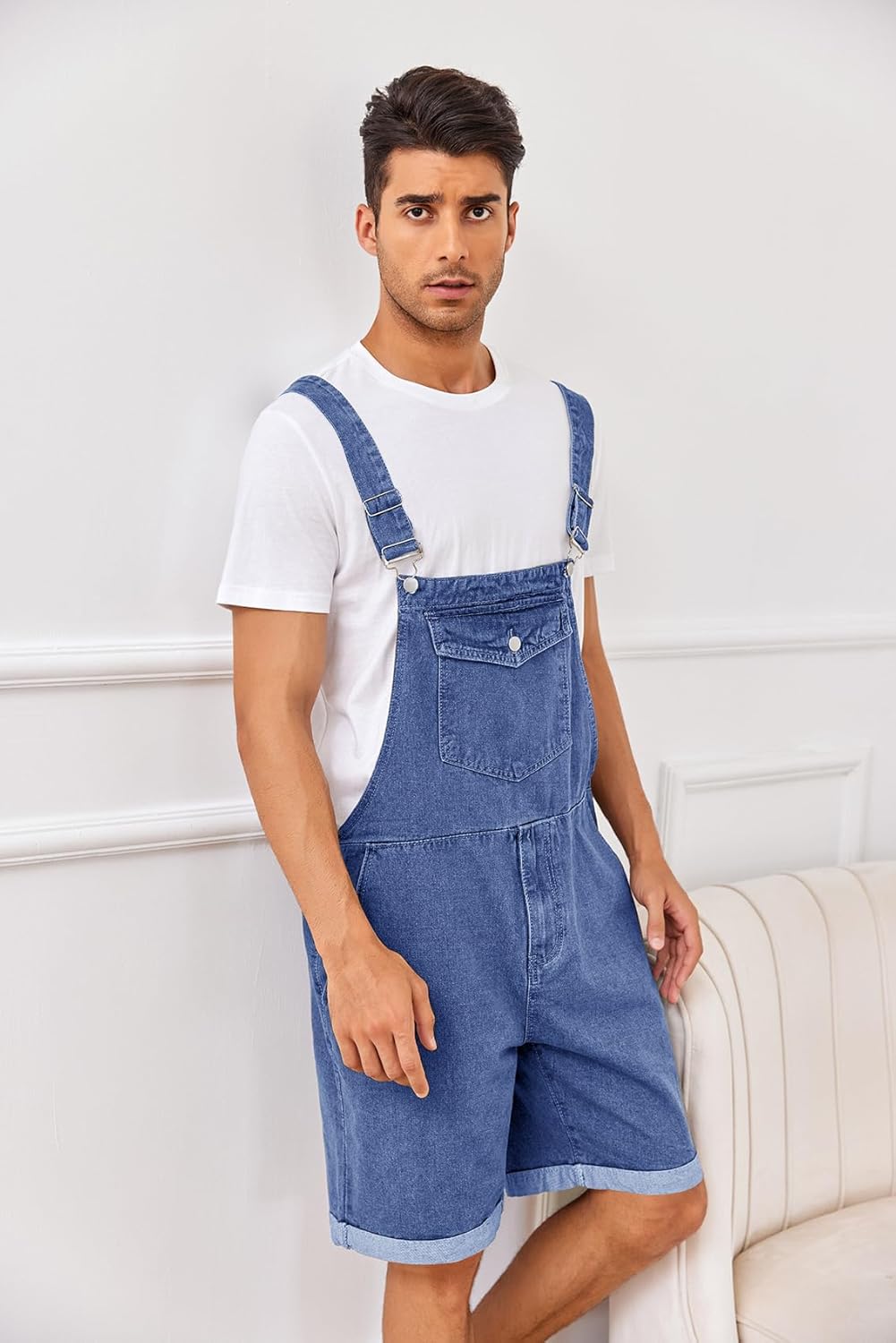 Karlywindow Mens Denim Bib Overall Shorts Loose Fit Summer Walk Shorts Above Knee Length Shortalls Jumpsuit Rompers - Image 4