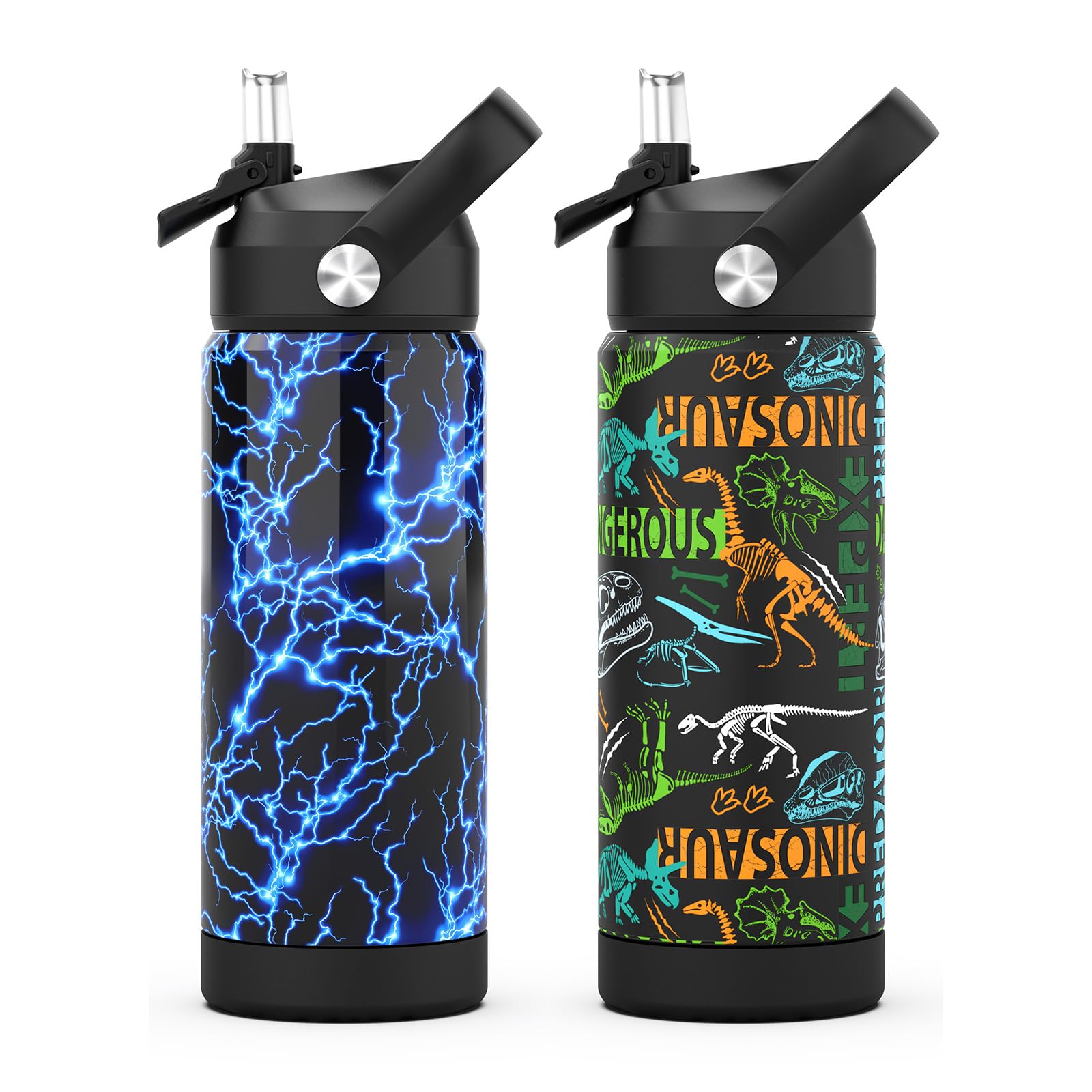 Ntswasd Boys Water Bottle with Straw,18 oz Kids Insulated Cups with Stainless Steel Leak Proof for School,Sport&Travel（2pack，Lightning+Dinosaur）