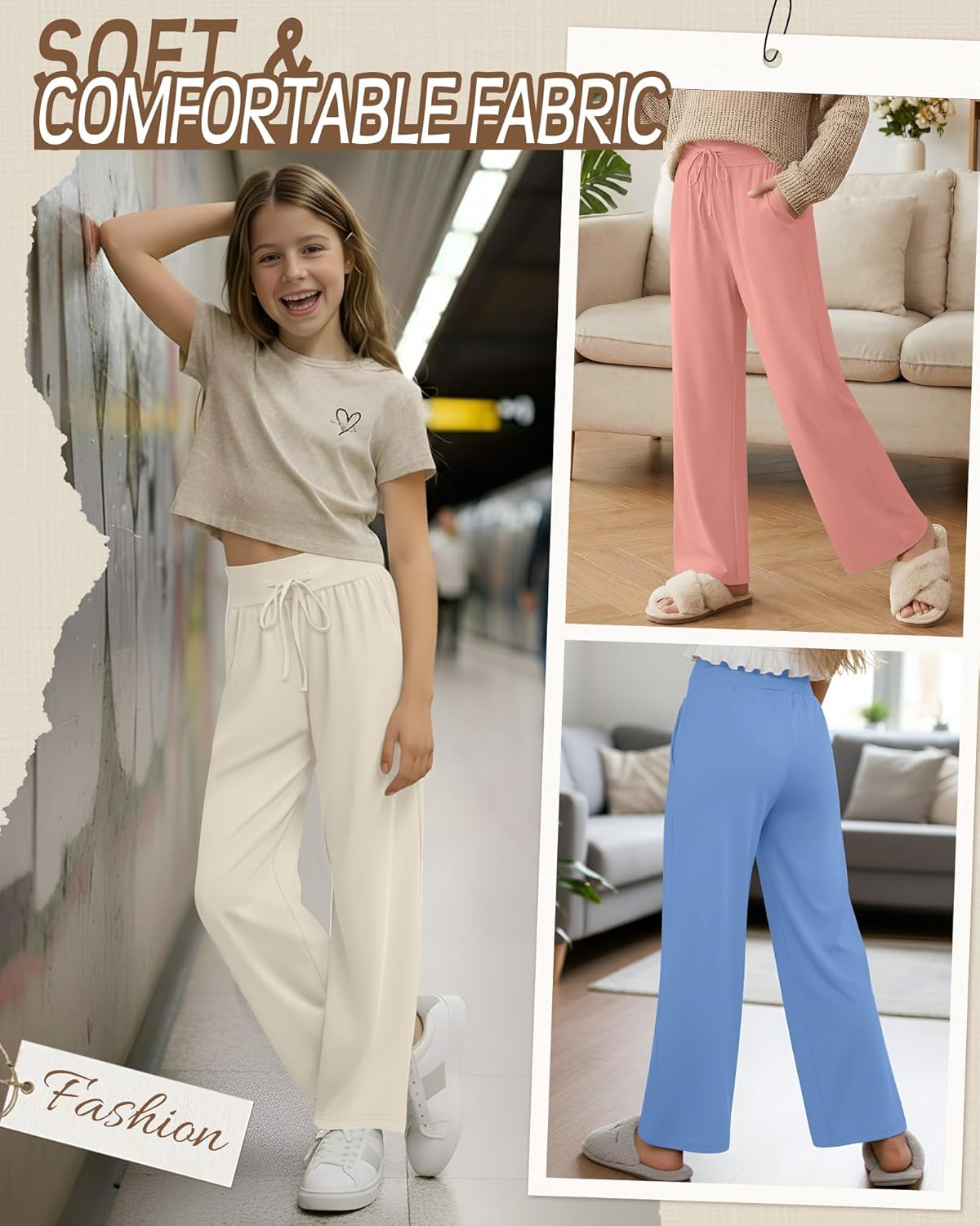 3 Pack Girls Pants Casual Wide Leg Baggy Yoga Trousers Kids Loose Sweatpant Open Bottom with Pockets 5-14y