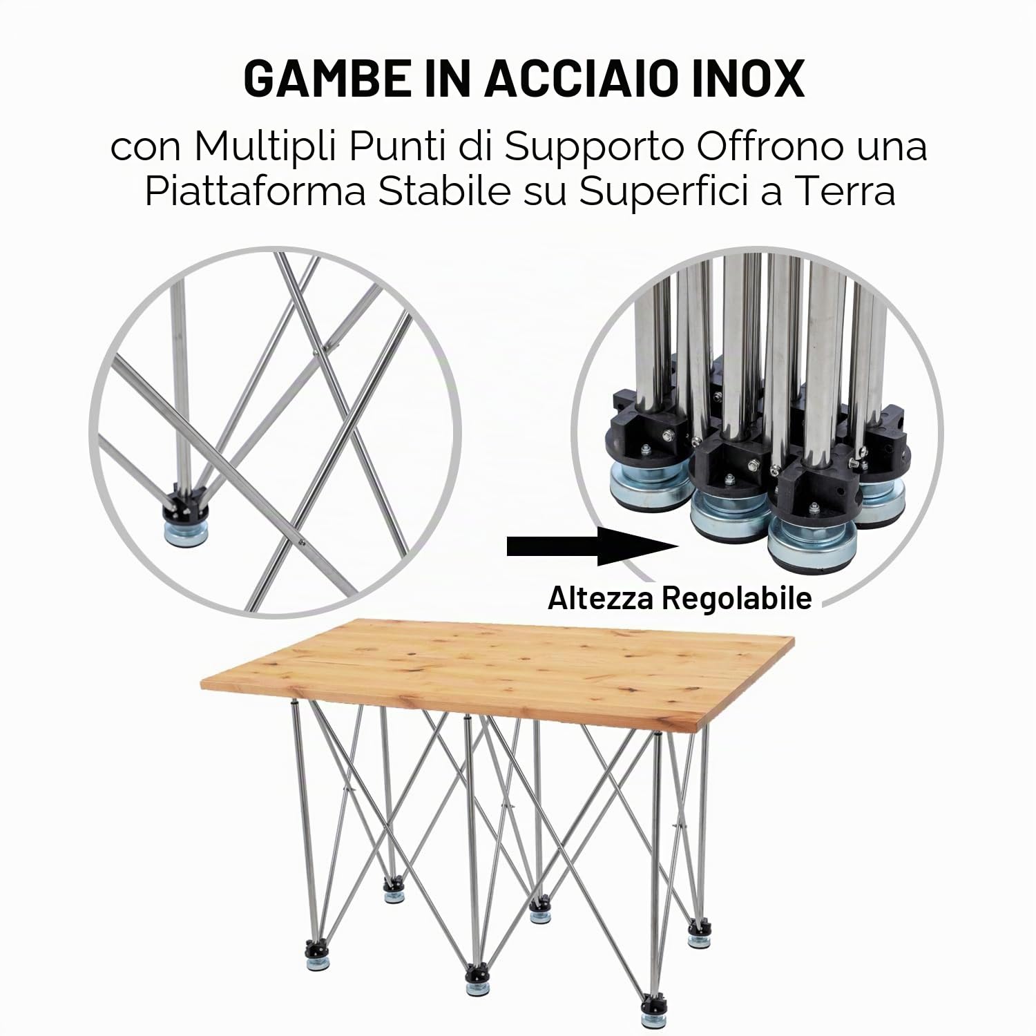 TOPWAY Banco da lavoro pieghevole portatile telescopico 117 x 62 x 82 cm, capacità di carico 700 kg, in acciaio inox, altezza regolabile, piano di lavoro in legno, piano di lavoro per costruzione di