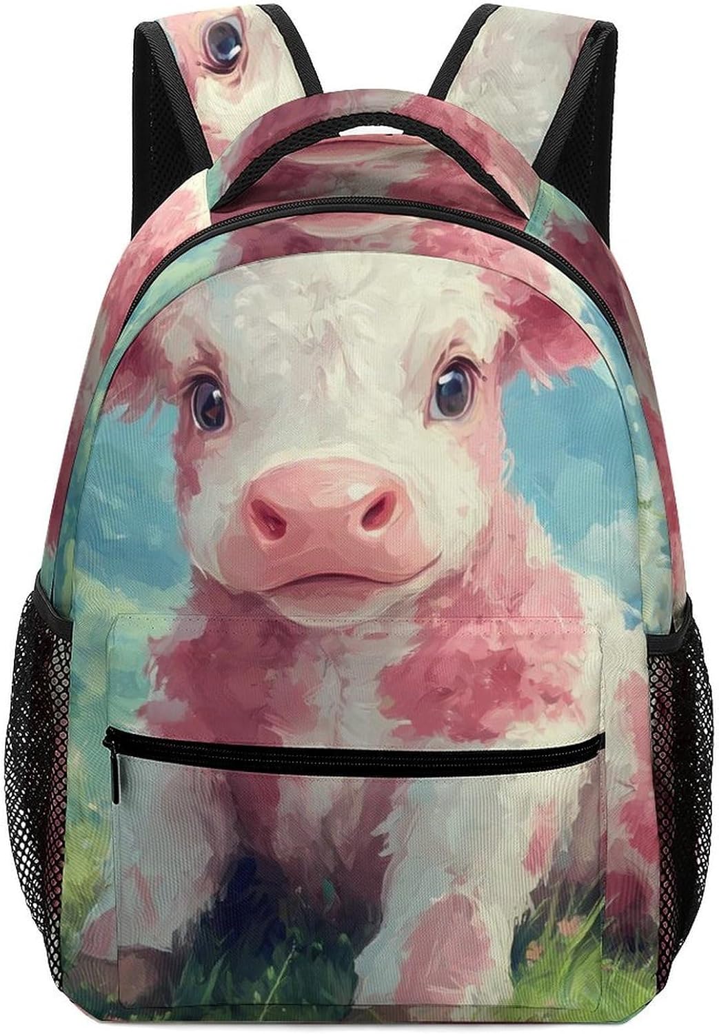 Strawberry Cow Sitting on Grassy Field Unisex Backpack Casual Daypacks Lightweight Shoulders Bag for Camping Hiking Travel