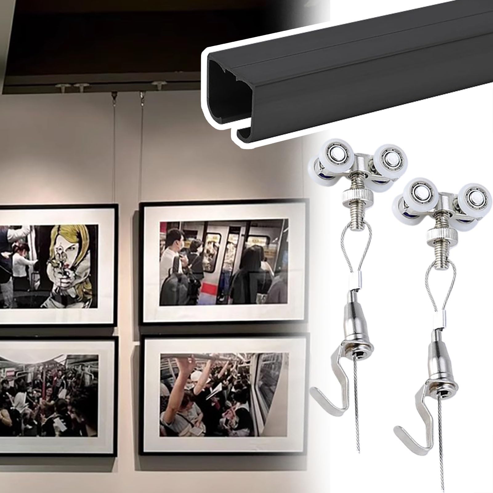 STUIJKVSZ Ceiling/wall Mount Picture Track Gallery Rail, Professional Hanging Tool With Sliding Pulleys, Adjustable Hooks Photo Frame Display Shelf(Ceiling Mount,140cm/55in/4.6ft)