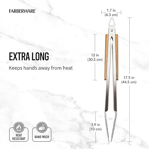 Miniatura 3 de Farberware Pinza con mango de madera de acacia para barbacoa, 17 pulgadas, acero inoxidable