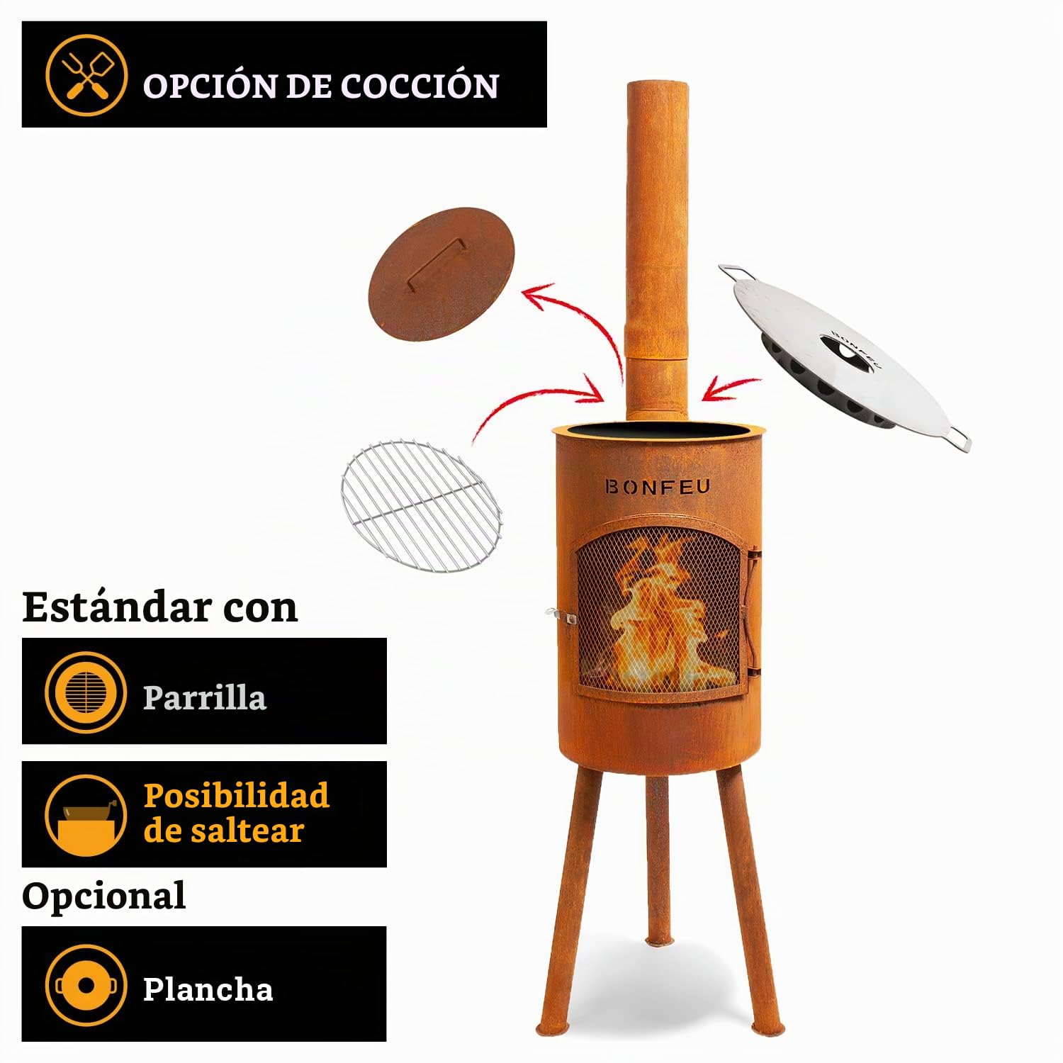 BonFeu BonGiano SP Óxido - Estufa de Leña Exterior - Chiminea Exterior - 30x30x142 cm