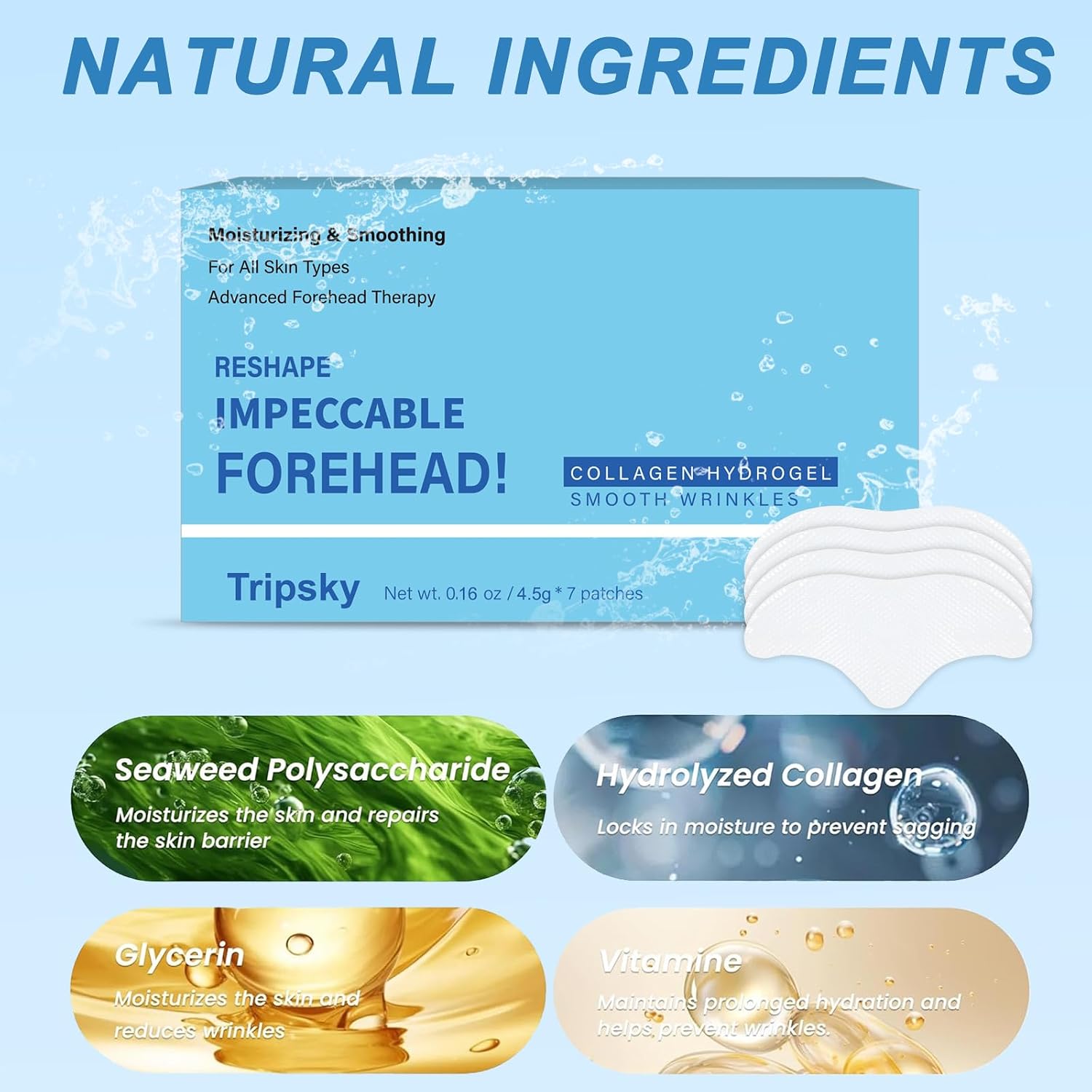 Tripsky Forehead Wrinkle Patches, Overnight Facial Wrinkle Patches With Collagen, Forehead Wrinkles Treatment Jelly Pads Softening Fine Lines