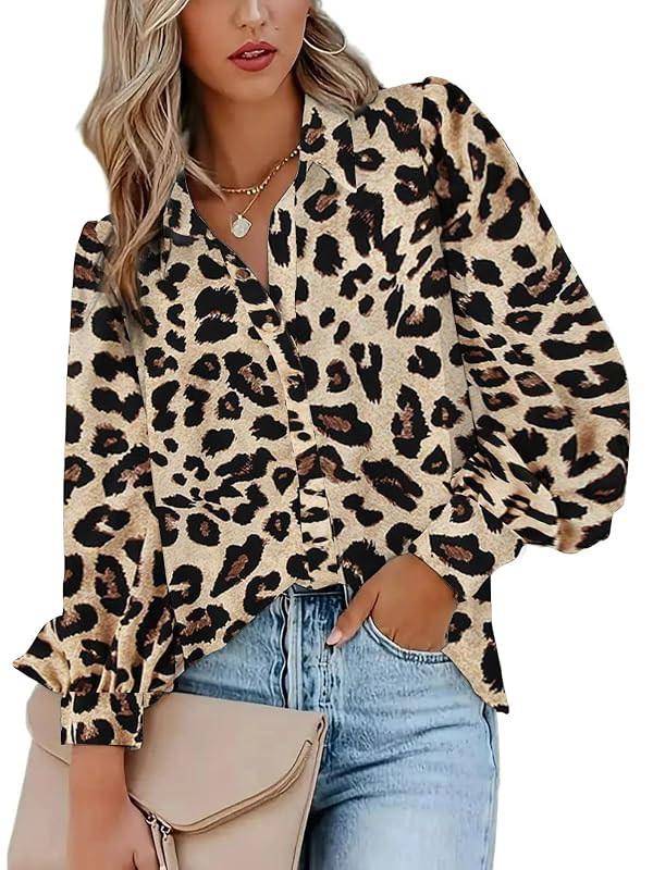 Zeagoo Blouses for Women Leopard Print Top Womens Long Sleeve Button Down Blouse 70s Shirt XX-Large by Zeagoo - Used condition - US$8.09