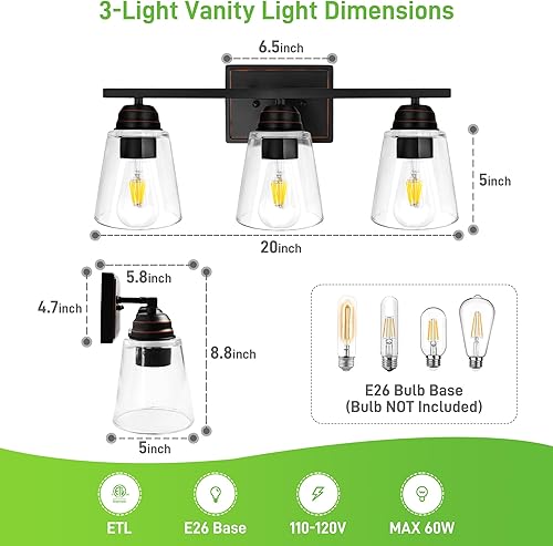 Miniatura 5 de hykolity Lámpara de tocador de 3 luces, juego de baño todo en uno de 5 piezas con toallero, anillo, gancho para bata y portarrollos de papel
