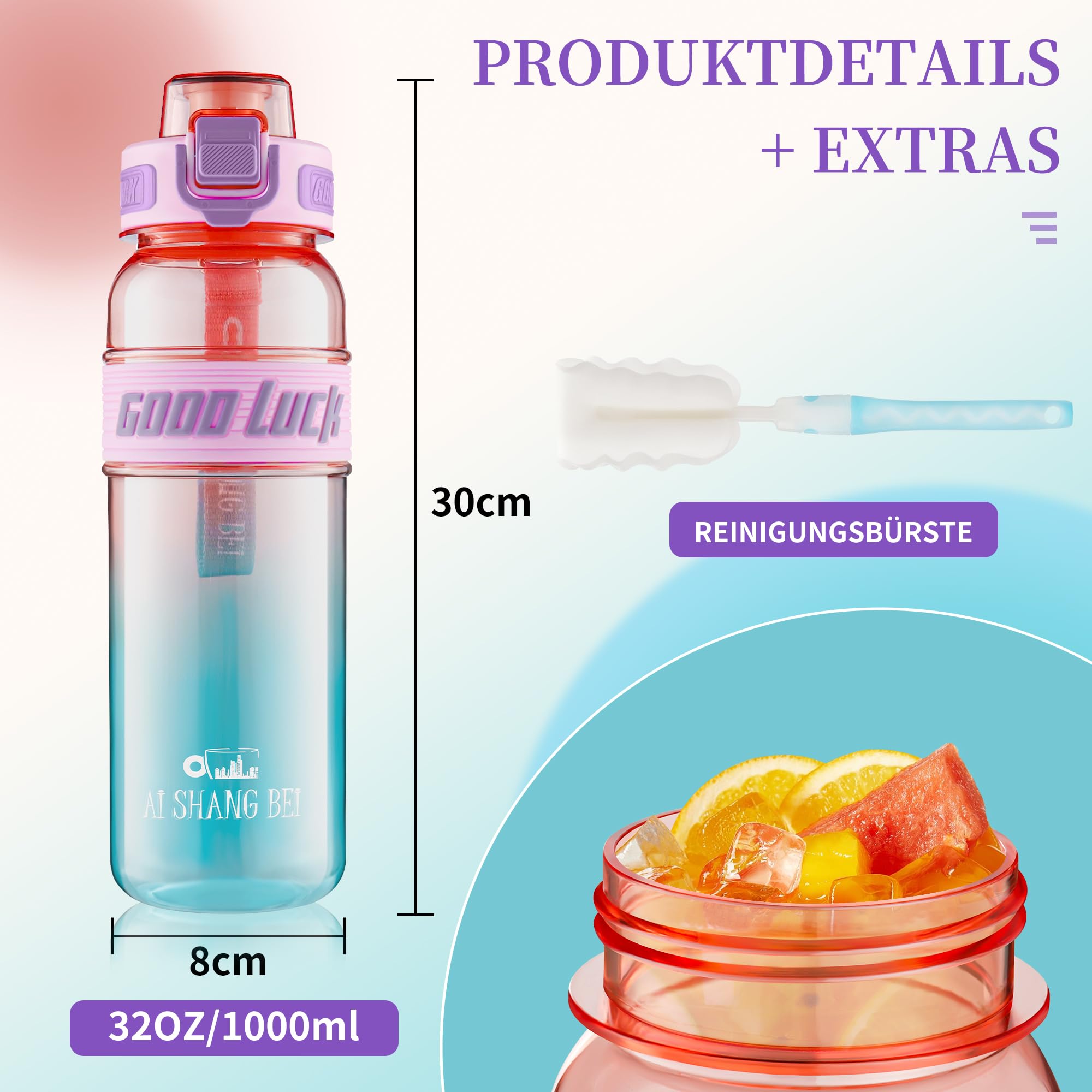 YC Kitchen Borraccia Sportiva Motivazionale 1L - Borraccia 1 litro, Bottiglia d'acqua Sportiva con paglia e trasporto cinghia