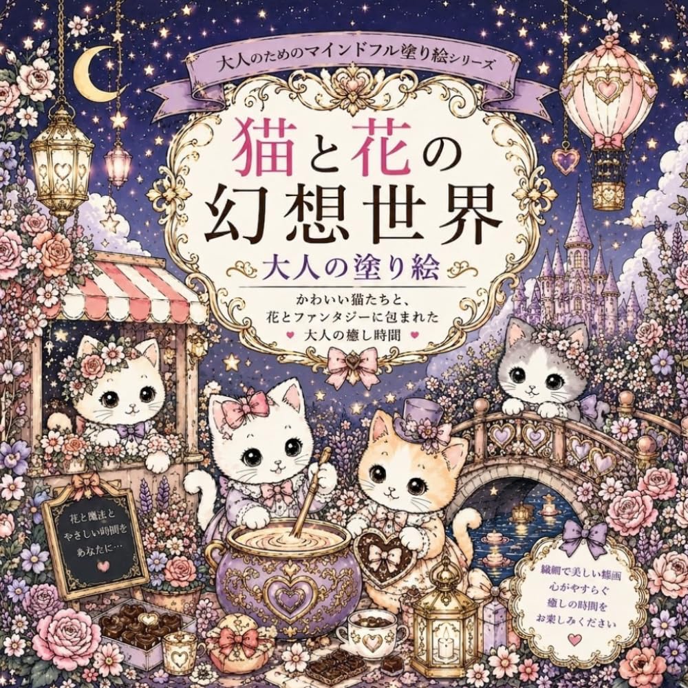猫と花の幻想世界 大人の塗り絵: かわいい猫たちと、花とファンタジーに包まれた大人の癒し時間 (大人のためのマインドフル塗り絵シリーズ)