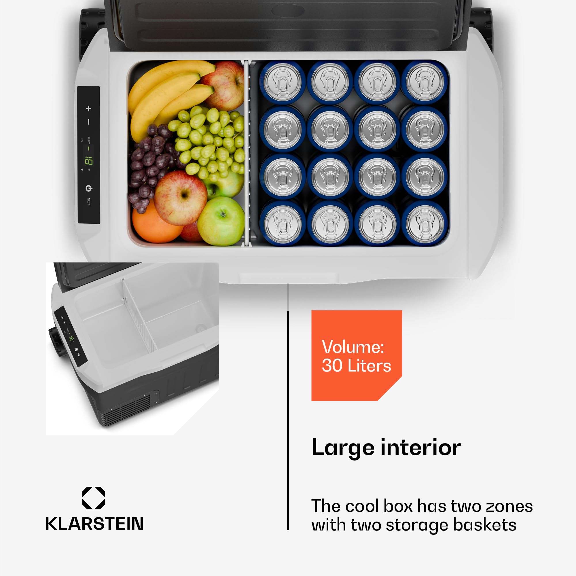 Klarstein PolarForce 30-Liter- Kühlbox – Tragbare elektrische Kompressor-Kühlbox mit LCD-Bedienfeld, -20°C bis 20°C, Dual Power (12V/230V), ECO-Modus, Ideal für Camping und Road-Trips, Gefrierbox